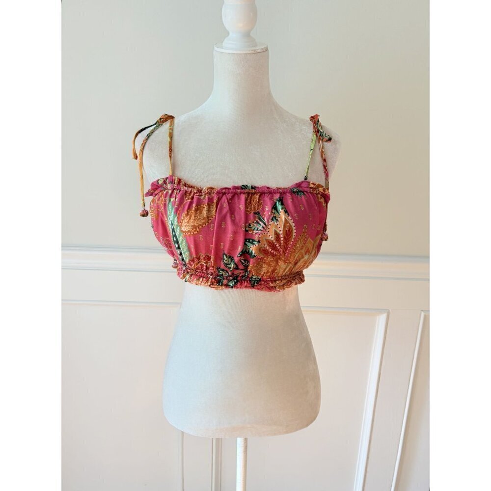 Farm Rio Pink Floral Stretch Crop Top w Beaded Tie Straps M - Picture 2 of 6